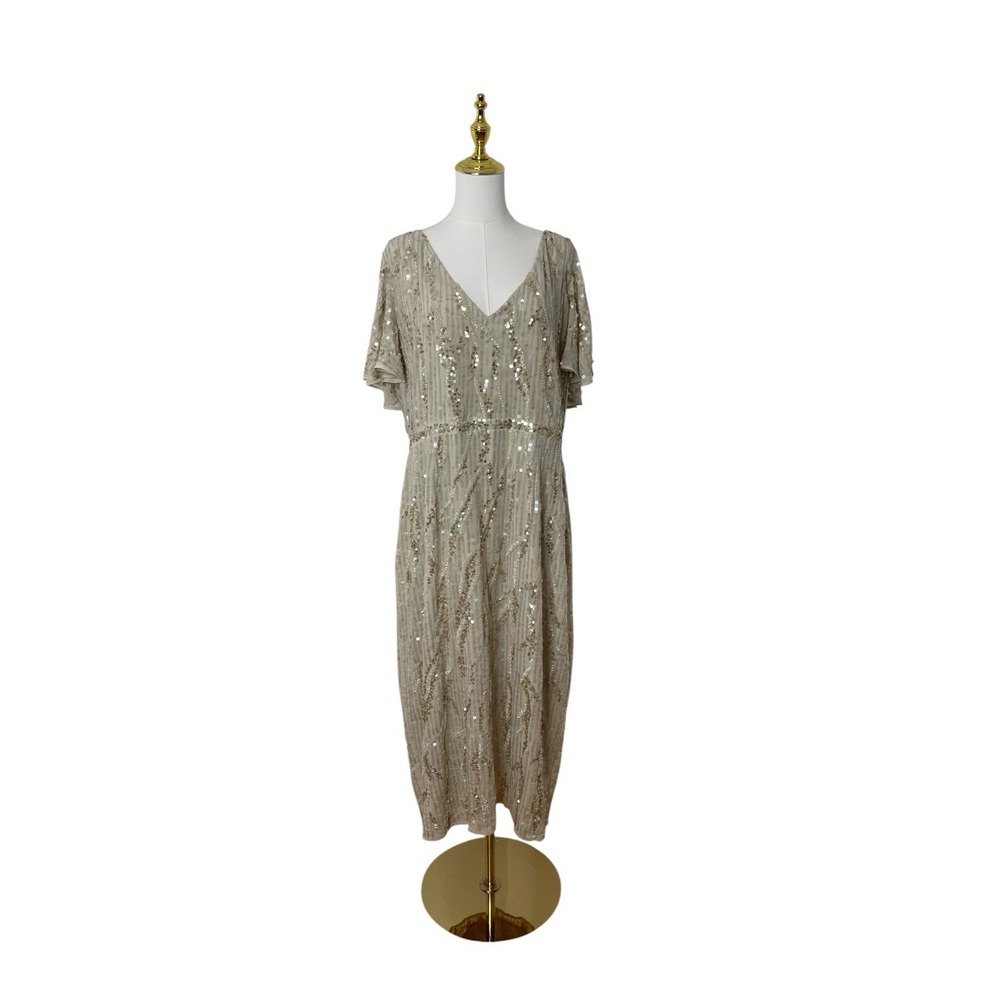 Mac Duggal 93591 Oyster‎ Sequin Flutter Sleeve Midi Dress Size 16 $498 - Picture 4 of 8